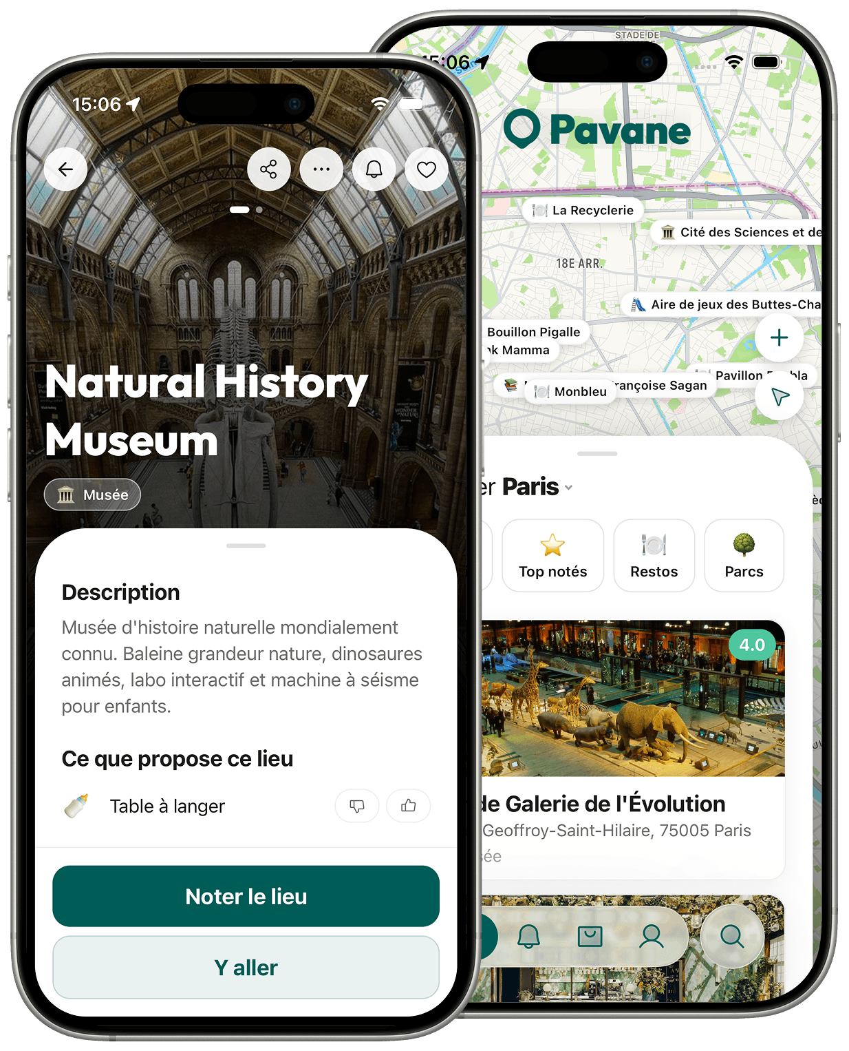 L'app Pavane : la fiche d'un lieu et la carte des spots à Paris